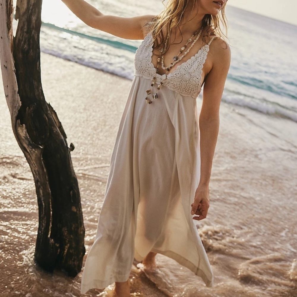 New Free People Lovey Maxi Dress Long Crochet Lace Summer Spring Cotton White